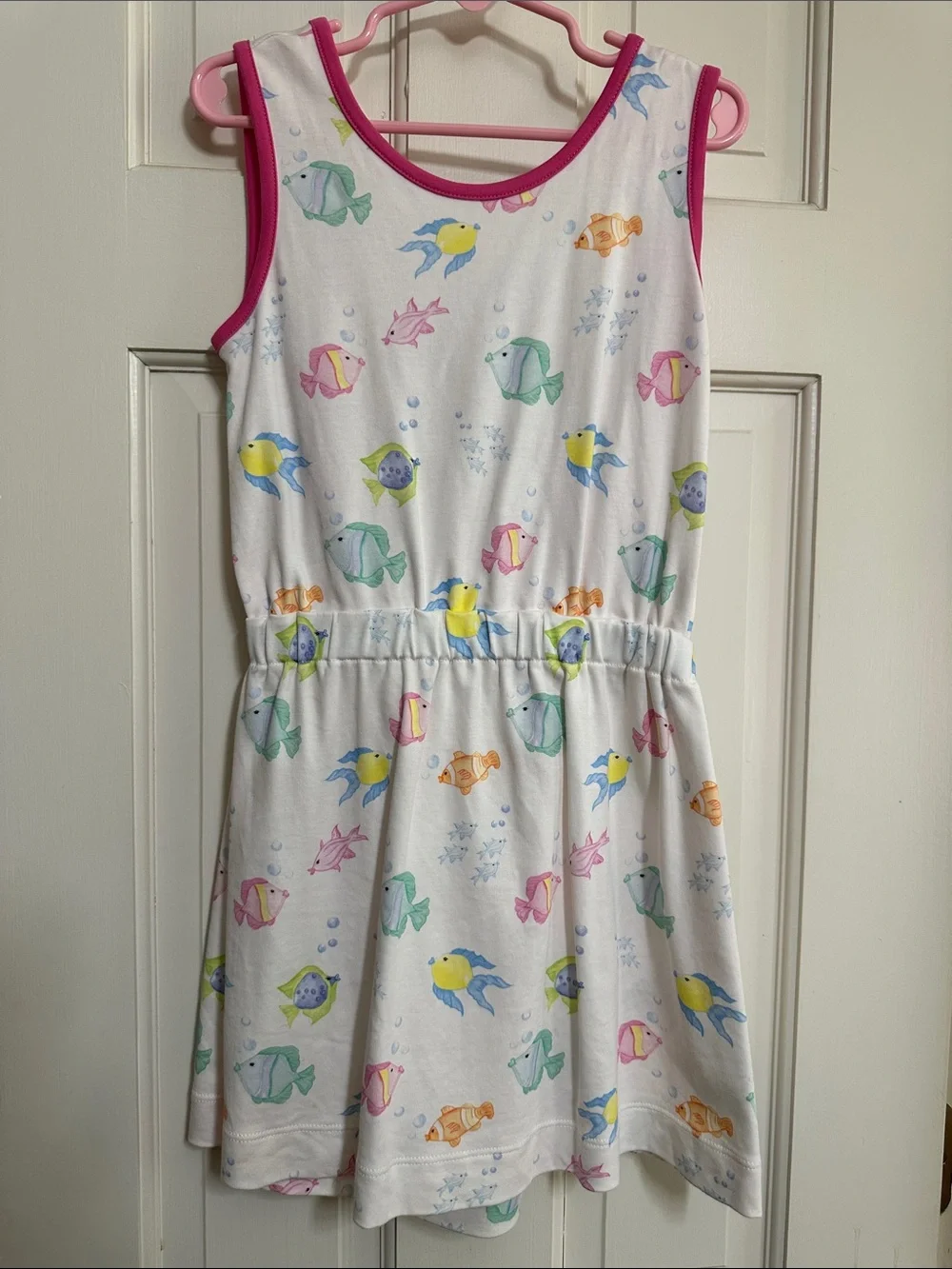 James & Lottie Girls' White Knot Fish-Print Dress with Pink Trim